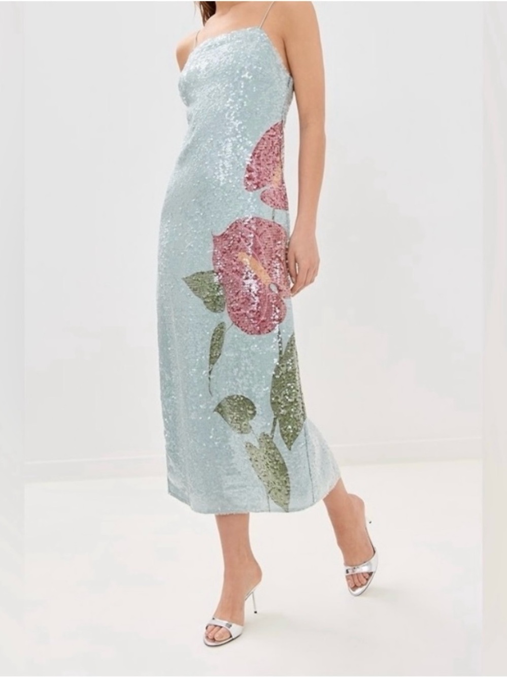 Farm Rio Sequin Blue Anthurium Flowers Midi Slip Dress